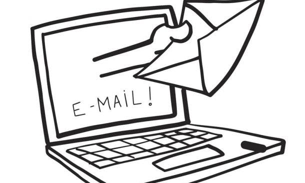 Illustration: Hand kommt aus Laptop mit Brief, darunter steht "E-Mail"